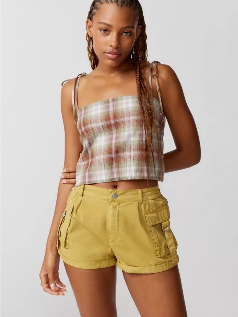 Y2K inspired BDG Yellow Utility Cargo Shorts with Ring Detail